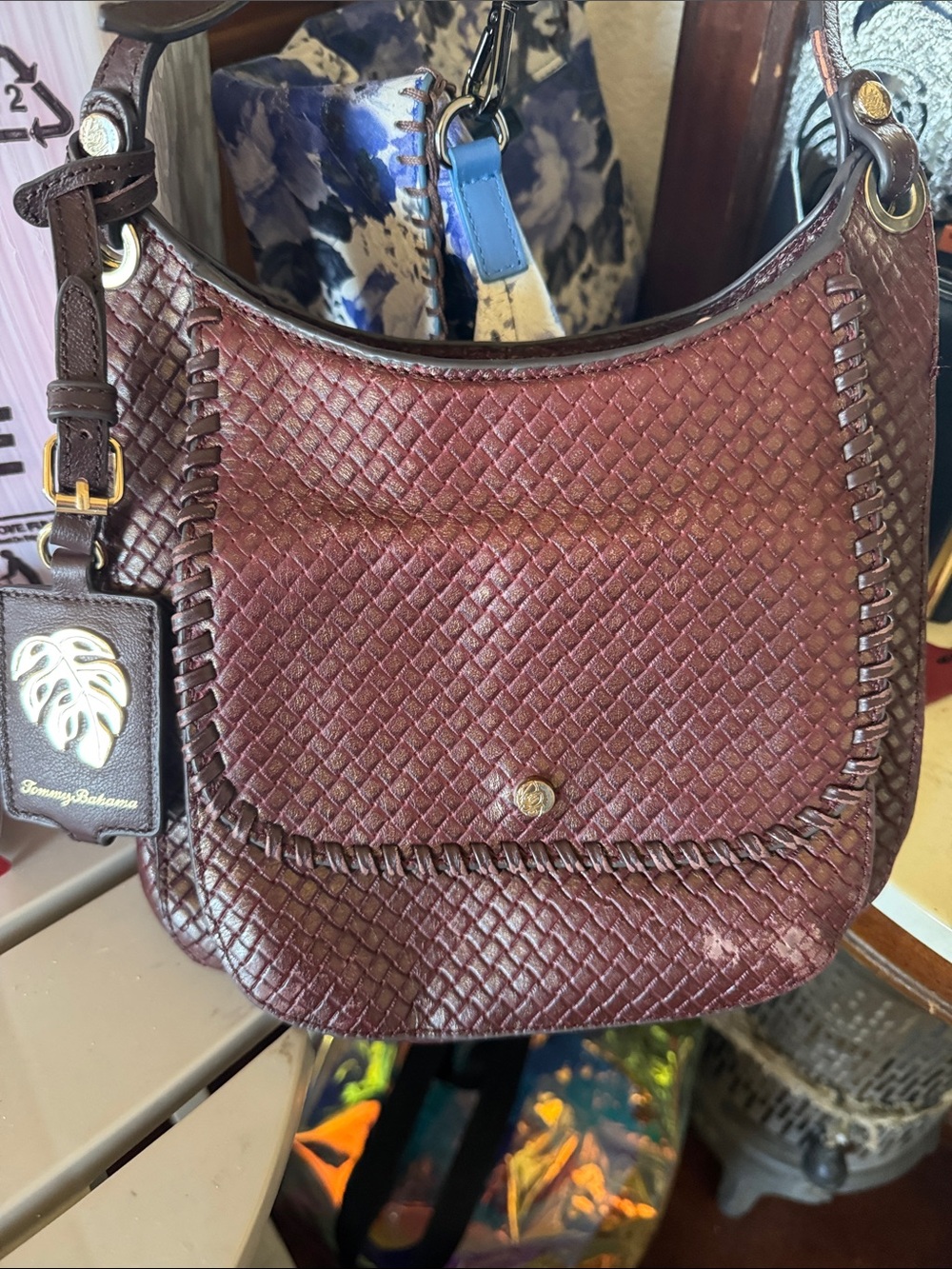 Tommy Bahama Burgundy Woven Leather Shoulder Bag